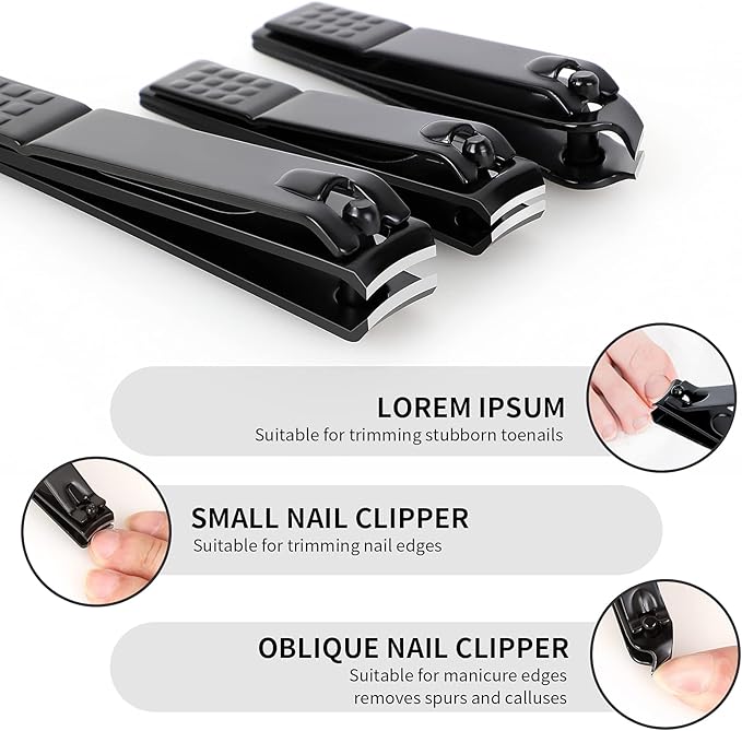 Nail Clippers Set, Sharp Stainless Steel Fingernail and Toenail Clippers, Nail Clippers for Thick Nails or Ingrown Nails, Perfect 3 PCS Black Nail Cutter for Men and Women.