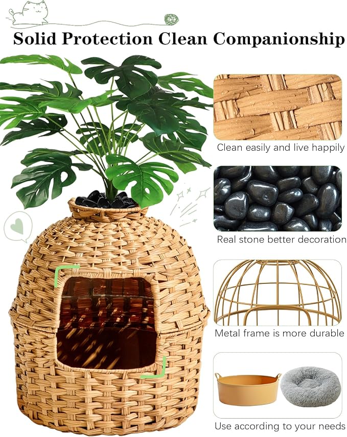 SETVSON Cat Litter Box Plant Furniture Enclosure, Rattan PE House, Natural | Decorative Planter Design, Removable Top for Easy Cleaning, Includes Artificial Plants, Real Stones, 20 x 20 Inches