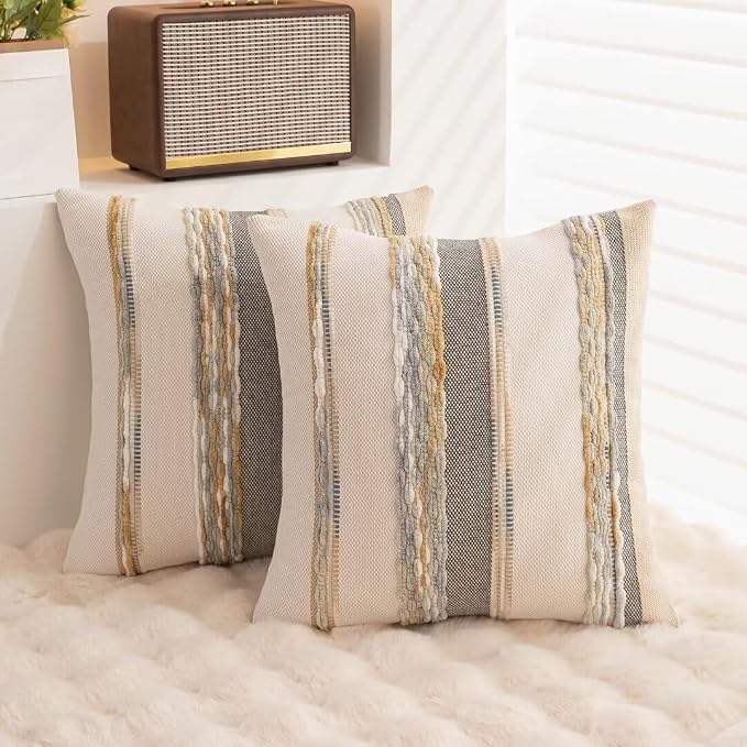 Boho Throw Pillow Covers Decorative Neutral Farmhouse Pillow case | 18x18 Set of 2 Cushion Case Striped Square Pillows Cover Couch Pillow Cases Accent Pillowcase for Sofa Bed,Orange Gray
