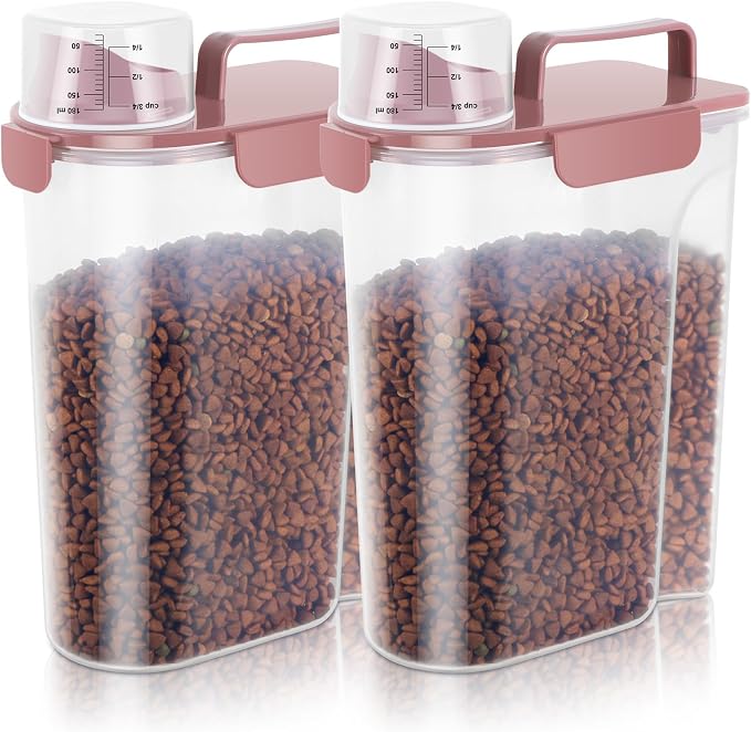 LEAWALK 5Lbs Airtight Pet Storage Container For Cat Dog Bird Food and Keep Fresh, Translucent Body, Upgraded Large Nozzle for Easy Pouring With Handle Design Easy to Carry When Going Rose pink 2pack