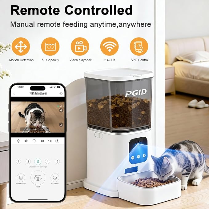 Automatic Cat Feeder with 4K Camera,2.4G Auto Dog Feeder w Night Vision,Pet Feeder w2-Way Audio,Timed Cat Feeders for Dry Food,Dogs Food Dispenser w APP Control 5L