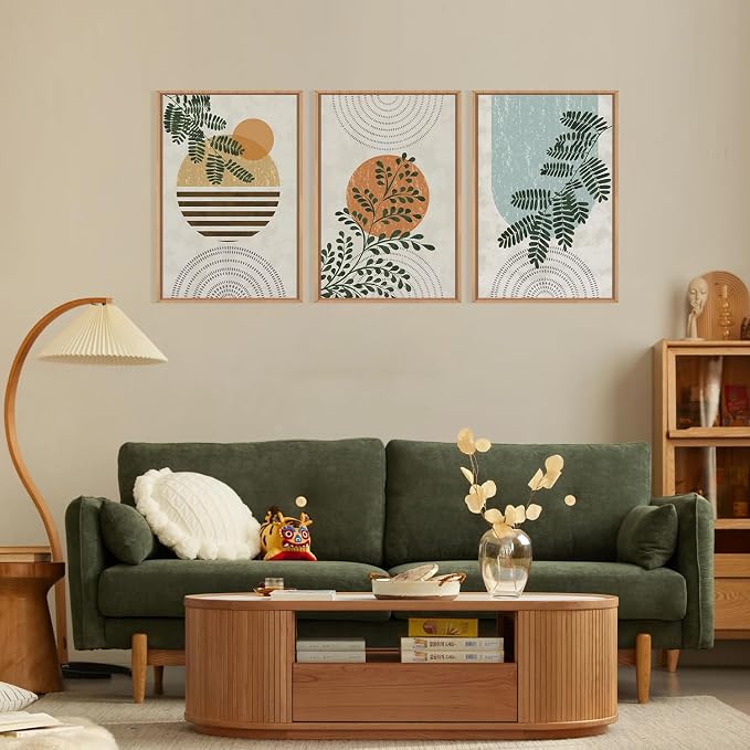 FWIEXA Framed Boho Canvas Wall Art Set, Sage Green Botanical Pictures Wall Decor, Abstract Plants Art Prints, Mid Century Modern Geometric Wall Painting, 3 Panel 16x24 Inches for Living Room, Bedroom, Office