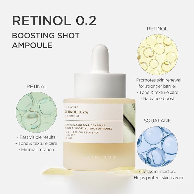 SKIN1004 Retinol 0.2% Boosting Shot Ampoule, Face Serum for Skin Elasticity, Facial Spicule Serum with Retinol & Retinal, Centella Ampoule for Fine Lines & Wrinkles, Korean Skin Care, 1.01fl.oz / 30ml