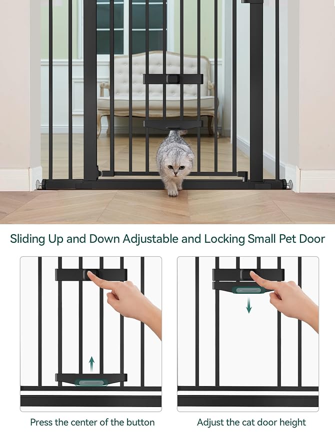 Babelio Baby Gate with Cat Door, CatPrivilege II, 29-40" | Auto Close, 6-Level Adjustable Metal Gate with Pet Door for Stairs & Doorways, Pressure Mounted, No Drilling, Black