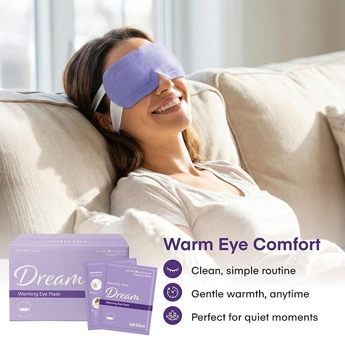 Adellina Steam Eye Mask (30 Pack) – Disposable Self Heating Eye Mask for Dry Eyes, Warm Steam Compress for Puffy Eyes, Sleep & Eye Strain Relief