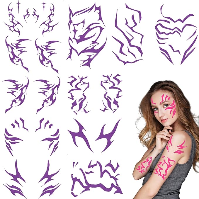 Temporary Tattoos For Men and Women - 12 Sheets Full Body Tattoos Stickers Waterproof Movie Cosplay Costume Accessories for Boys Girls Festival Party Rave Stage Makeup Decoration（Fluorescent）