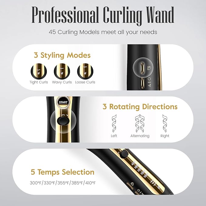 Zavarea Automatic Rotating Curling Iron for Long Hair - 1 Inch Curling Wand for Beach Waves & Loose Curls, Easy Hair Curler for Beginners, Anti-Scald & Frizz-Free, Dual Voltage for Travel