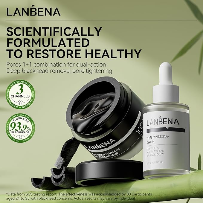 LANBENA Blackhead Remover Nose Pore Strips for Face, 2.0 Upgraded Deep Cleansing Peel off Mask Nose Strips Skincare for All Skin (1.06 Oz/30g) - 60pcs Strips (Bamboo Charcoal Pore Strips+Pore Serum)