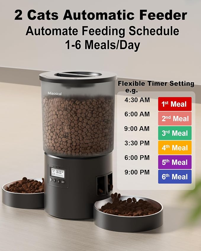 Automatic Cat Feeder 2 Cats, 4.2L Dry Food Auto Dispenser with Double Bowls,Dual Power Supply,Programmable Portion Control,10s Voice Recorder(Black,Stainless Steel Bowls) (Transparent+Black)