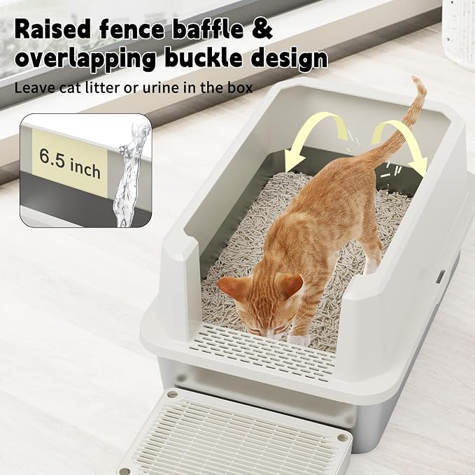 RIZZARI Stainless Litter Box Semi-Closed: Odorless, Large, Easy Clean | High Splash Guard / Non-Stick Steel Pan / 20L Capacity / Raised Step / Fits Any Room / Multi-Cat Use