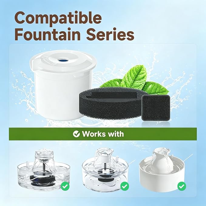 Replacement Glass Cat Water Fountain Filter 6+3+3 Pack, Suitable for Pet Fountain Model: Glass/Ceramic Series PF-01, Contains 6 Filters & 3+3 Pump Sponges, Multi-Layer Filtration, Cat Fountain Filters