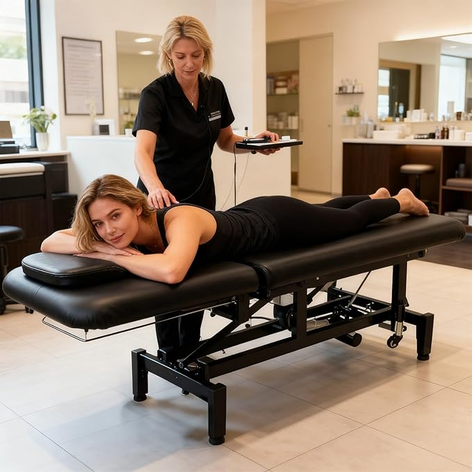 OmySalon 2 Motors Electric Lift Massage Table, Heavy Duty Treatment Bed, Adjustable Height & Backrest Facial Bed for Professional Physical Therapy, Medical Spa, Esthetician, Treatment, Salon (Black)
