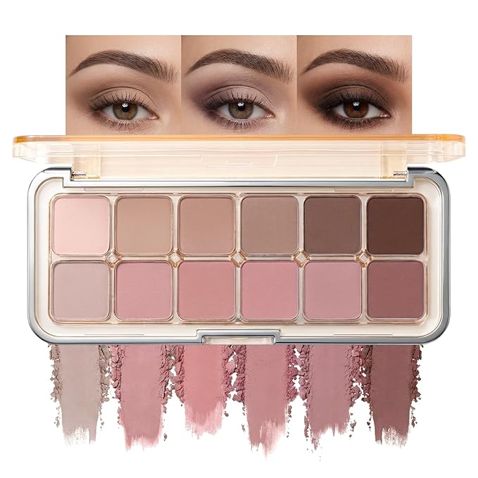 Erinde 12 Colors Eyeshadow Palette, Pink Brown Neutrals & Nude Eye Shadow Makeup, Matte Finishes, Long Lasting Ultra-Blendable Waterproof Eyeshadow Powder for Daily & Party, 03