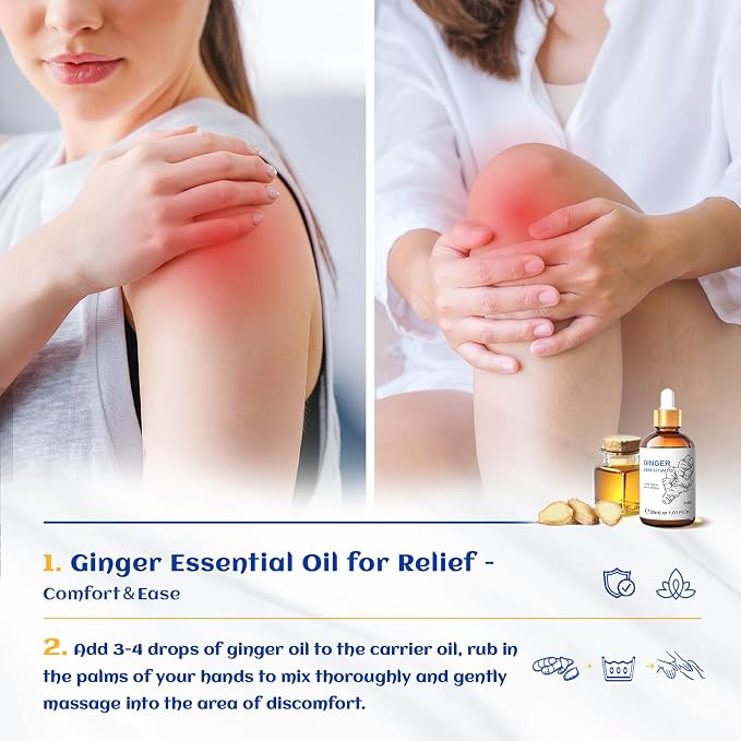 HIQILI 1 Fl Oz Ginger Oil, Ginger Essential Oil for Hair, Massage, Skin - 30ml | Warming Sensation for Body & Joint Comfort, Soothe Tired Muscles, Enjoy a Cozy Calming Space - 30mL / 1.01 fl.oz