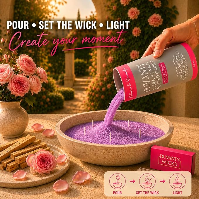 Relax & Focus Pearled Candle Sand with Wicks – Sandalwood & Roses Scented Candle for Elegant Home Ambiance, Decorative Wax Beads & Cozy Evening Rituals, 17.6 oz