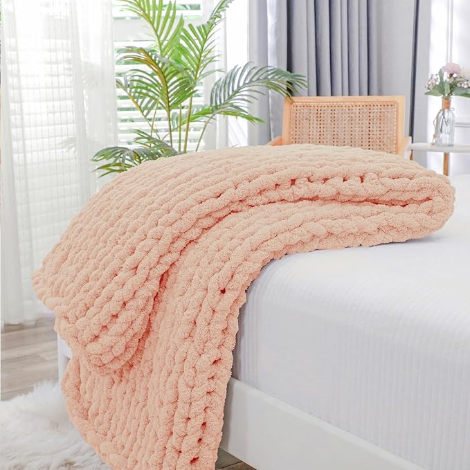Bigacogo Chunky Knit Throw Blanket for Couch, 40x60 inches, Peach Fuzz | Hand Knit with Jumbo Chenille, Soft Breathable Cable Knit for Sofa Bed Living Room, Machine Washable, Gift for Mom Friend