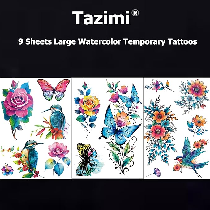 Tazimi 3D Large Watercolor Flower Temporary Tattoos For Women Watercolor Roses Flower Butterfly Sunflower Daisy Tattoos Sticker Girls Adults Waterproof Realistic Arm Body Colourful Tattoos