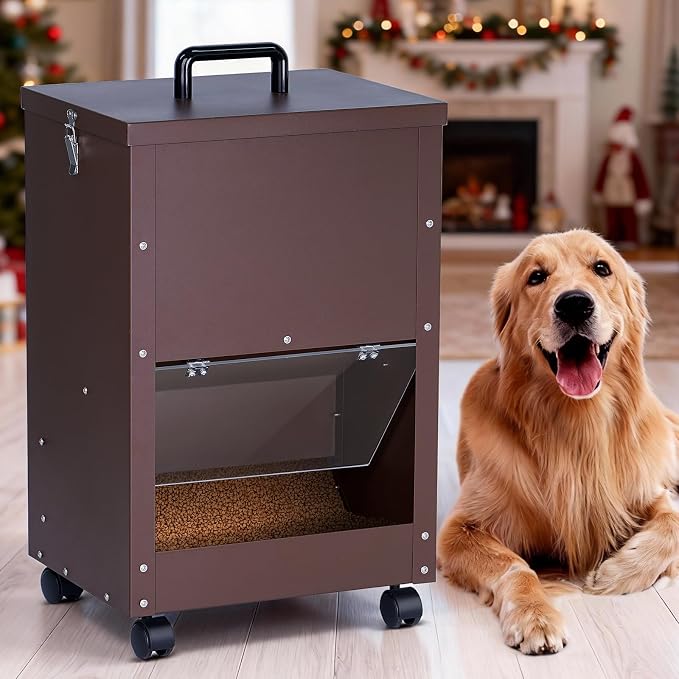Automatic Dog Feeder Large Breed 45lb Outdoor Dog Food Dispenser for Large Dogs Self Feeding Galvanized Metal Dogs Pets Feeder Gravity Food Feed with Wheels (Brown)