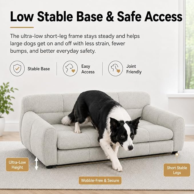 51"×28" Large Dog Sofa, for Large & Extra Large Dogs | Detachable Cushion | Reinforced Low Base|Non-Sagging |Breathable Linen Fabric | Soft Cushion | Armrest & Backrest |Beige