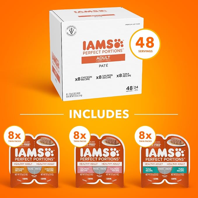 IAMS Perfect Portions Sensitive Digestion & Skin Wet Cat Food Pate, Healthy Adult Grain Free Pate, Chicken and Salmon Recipes, (24) 2.6 oz. Variety Twin-Pack Trays (Pack of 2)