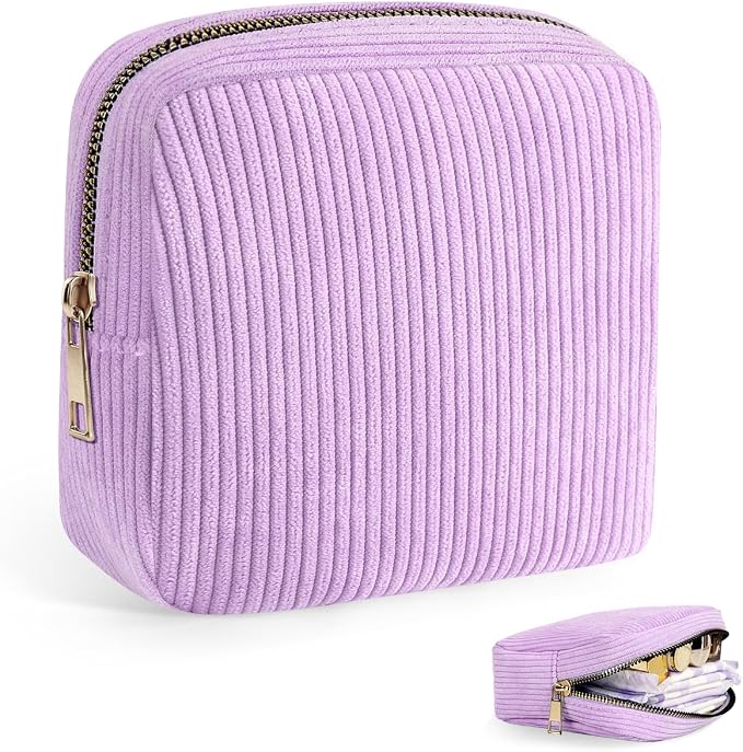 Corduroy Period Pouch Small Discreet Period Bag Sanitary Napkin Storage Bag Cute Menstrual Pad Pouch Tampon Bag for Purse Portable Zipper Makeup Bags for Women Ladies Purple