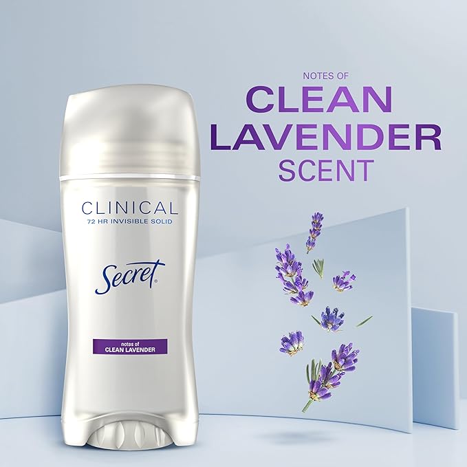 Secret Clinical Strength Antiperspirant Deodorant for Women, 3X Stress Protection, 72hr Sweat & Odor Protection, PH Balancing Minerals, Invisible Solid, Clean Lavender Scent, 2.6 oz