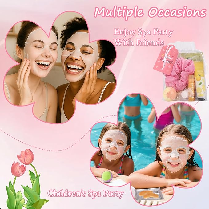 60PCS Spa Party Supplies for Girls, Include Facial Masks, Lip Mask, Under Eye Patches, Lip Balm, Foot Bath Bombs, Hand Cream, Compressed Towel, Hair Band, Sleepover Party Supplies for Girls