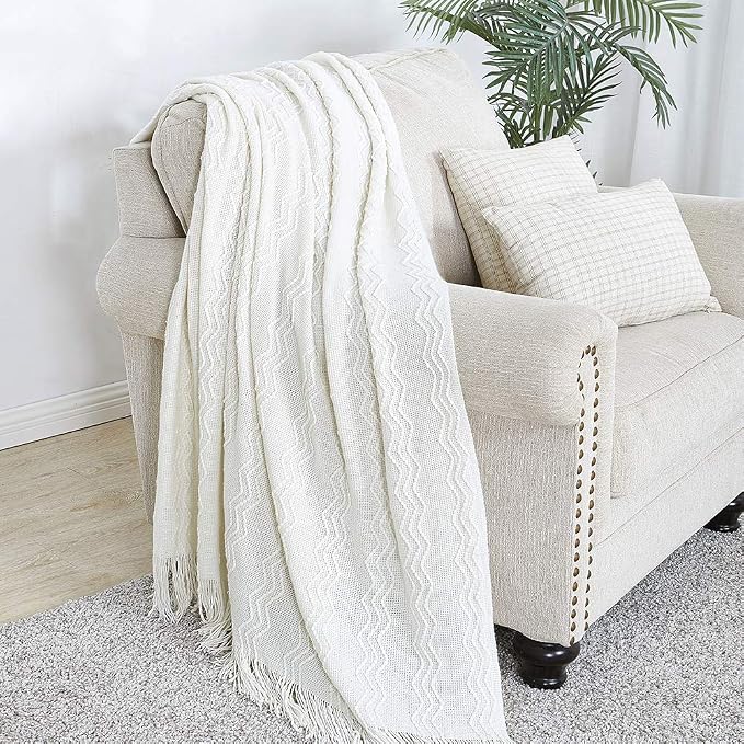 BOURINA Off White Throw Blanket 60x80Inch Boho Knit Soft Throw Sofa Blanket | Knitted Throw Blanket 60x80 Inches, Soft Lightweight Boho Weave Throw Decorative Couch Blanket for Living Room Bedroom Chair