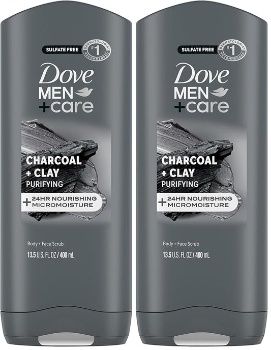 DOVE MEN + CARE Purifying Charcoal + Clay Body and Face Wash with 24-Hour Nourishing Micromoisture Technology Body Wash for Men, 13.5 oz (Pack of 2)
