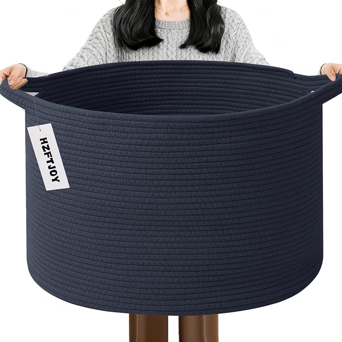 115L Extra Large Woven Cotton Rope Laundry Basket-Navy Blue | Collapsible, reinforced handles, nursery storage bin organizes clothes, toys and pillows for living room, bedroom bathroom