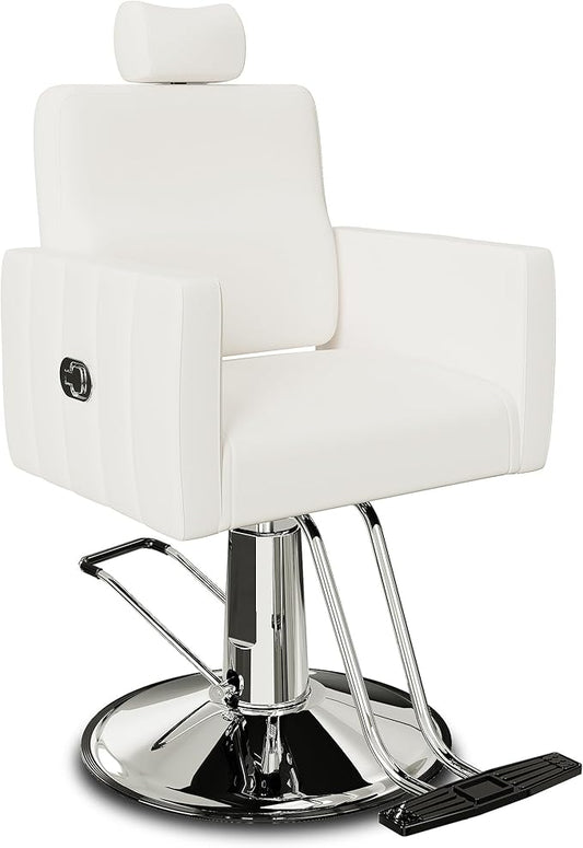 Baasha Reclining White Salon Chair with Adjustable Headrest, All-Purpose Hydraulic Styling Chair, Soft PU Leather, Heavy-Duty Steel Frame, 440 lbs Capacity, for Haircut, Braiding & Tattoo