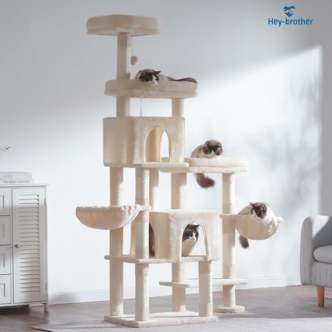 Hey-brother Cat Tree Tower with Stable Extended Base, 3 Platforms, MPJ038M | 70.9 Inches Multi-Level Sisal Scratching Posts, Wide Bed, 2 Cozy Condos, 2 Hammocks, Toy Balls for Indoor Cats, Beige