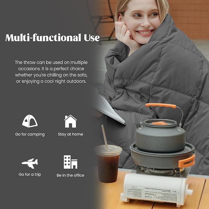 puredown® Soft Feather Down Throw Blanket Lightweight Packable Couch Throw for Indoor and Outdoor Use, Throw 50"X70", Gray, 12oz