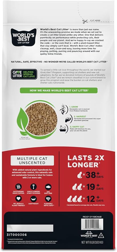 World's Best Cat Litter, Multiple Cat, Unscented, Lasts 2X Longer, 8 lb Bag | Controls tough multi-cat odors and lasts 2x longer; natural corn litter, quick clumping, flushable, 99% dust free