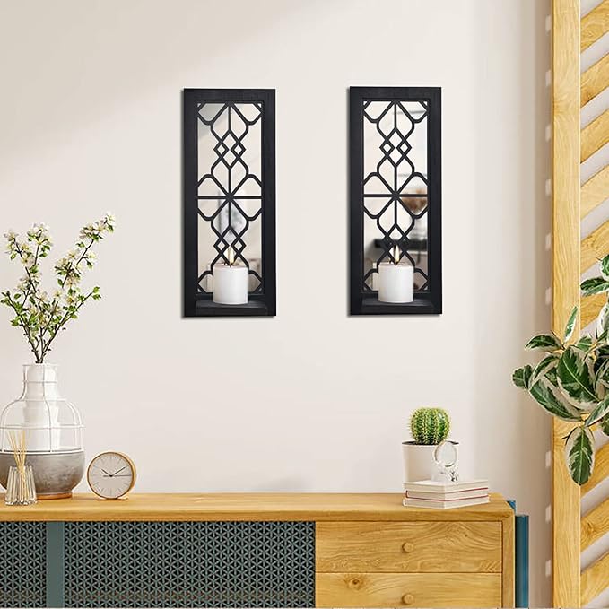 ZEXUIRU 2 Set Rustic Candle Sconces Living Room Bedroom Entryway Wood Mirrored, Farmhouse, Carved Frame Wall-Mount Wooden Candle Holders Wall Decor Hanging Handmade Holder - Black