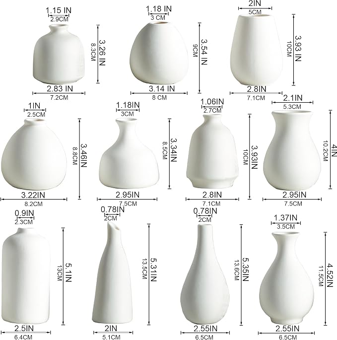 Tanvecle White Ceramic Bud Vase Set of 11, Small Vases for Pampas Grass, Flowers, Mini Vases for Modern Home Decor, Minimalist Decor, for Living Room, Dining Table & Shelves