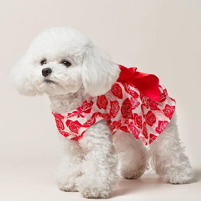 PUPTECK Floral Dog Wedding Dress Cute Small Dog Clothes with Bow Rose M | Puppy Doggie Pet Clothes Outfits Apparel Costume for Wedding Anniversary Birthday Photoshoot for Small Medium Large Dogs Girl