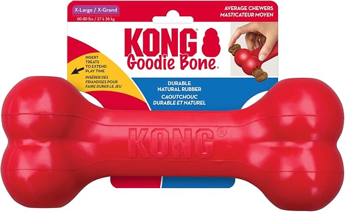 KONG Goodie Bone, Natural Rubber Treat Toy, Red, for Extra Large Dogs | Classic KONG Durable Natural Rubber Bone with Goodie Grippers That Hold Treats & Support Mental Engagement