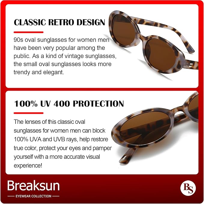 Breaksun Retro Oval Sunglasses for Women Men Fashion Small Oval Sunglasses 90s Vintage Shades