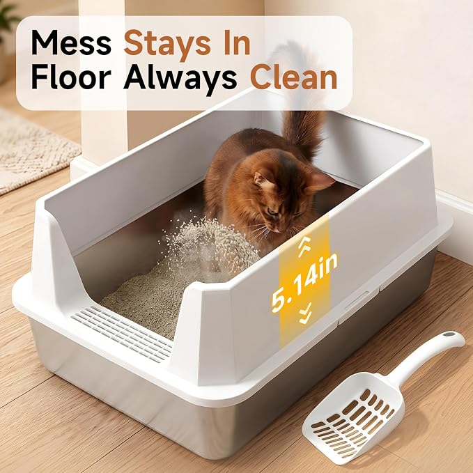 XL Stainless Steel Cat Litter Box with Plastic Enclosure & Scoop | Large Size,High Sided,Easy Clean, Odor Control,Non Stick, Anti-Leak,Open Top