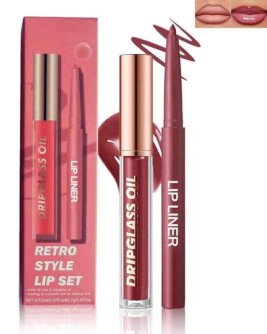 Matte Nude Lip Liner Lipstick&Cherry Hydrating Glow Lip Oil Lip Combo Set,Moisturizing Plumping Lips Gloss&Smooth Lipliner Liquid Lipstick Long-Lasting,2 in 1 Women Tinted Liptint Stain Balm Makeup-12