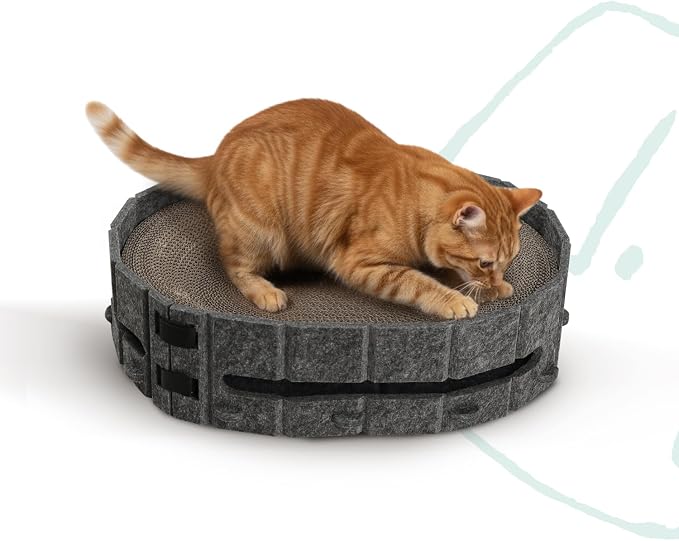 Cat Scratcher Bed, Oval Cardboard Cat Scratcher for Indoor Cats, High-Density Ergonomic Curved Cat Scratch Pad with Bell Ball Toy for Sleeping, Scratching & Mental Enrichment (Dark Gray, M)