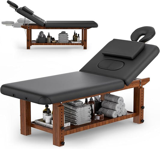 Olela Wood Adjustable Massage Table, Stationary Massage Tables with Adjustable Height Legs & Storage, Esthetician Bed with C-Shaped Pillow & PU Leather for Spa, Massage, Physical Therapy, Treatment