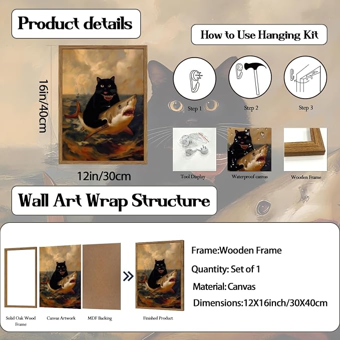Funny Black Cat Riding Shark Wall Art Whimsical Bar Cart Wall Decor Picture Eclectic Shark Ocean Poster Canvas Painting Prints for Bedroom Living Room 12x16 inch Framed