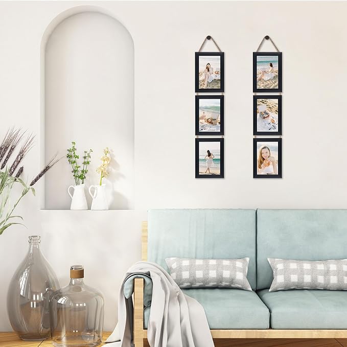 QUTREY 4x6 Collage Picture Frames Black, 6 Openings Vertical Hanging Photo Frame Set Display 4 by 6 inch Pictures for Wall Decor, 2 Pack