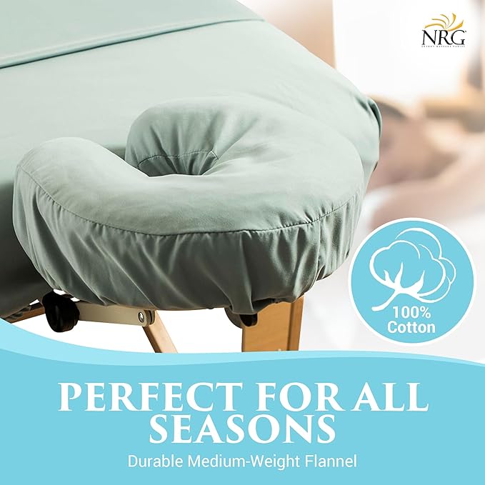 NRG Deluxe Flannel Face Cradle Covers 100% Brushed Cotton Face Rest Covers - Protect Your Massage Table Face Cradle - Adds Warmth and Comfort - 13" x 13" x 6" - 200 Thread Count - Color Sage