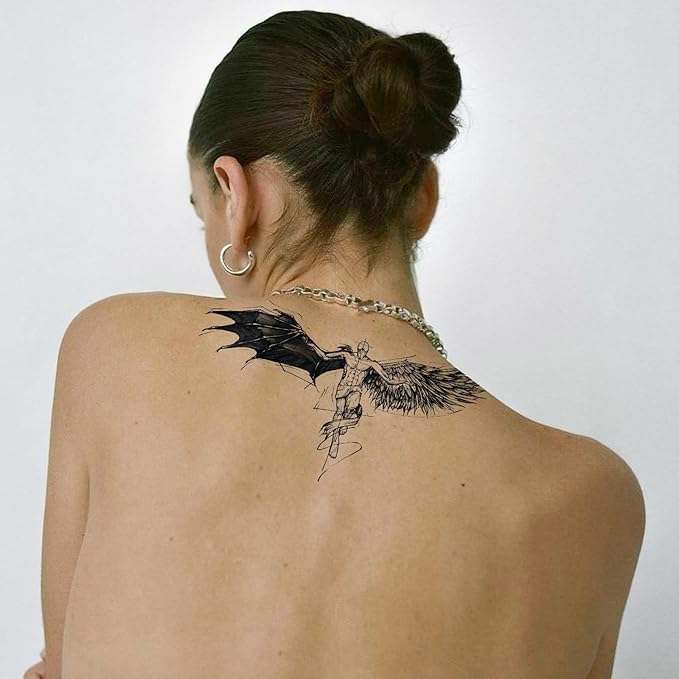 Semi Permanent Tattoos, 2 Sheets Large Realistic Large Angel VS Devil Wings Temporary Tattoos for Men Back Chest Calf, 2 Weeks Fake Tattoos, Waterproof and Non-Reflective, Unique Design