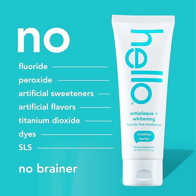 hello Antiplaque and Whitening Fluoride Free Toothpaste, Whitening Toothpaste with Coconut Oil and Tea Tree Oil, Helps Whiten Teeth, Natural Peppermint, 3 Pack, 4.7 Oz Tubes