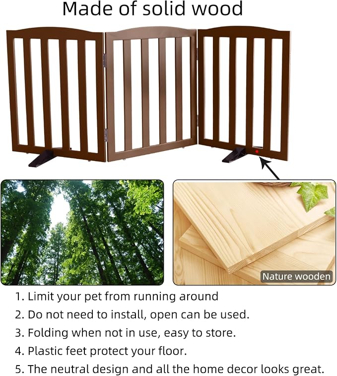 ZJSF Foldable Freestanding Indoor Dog Gate for House Wood Long Pet Gates Dog Fence for Stairs Puppy Gates for Hallways, Puppy Gate,Support Feet Included, Brown, 24 "Height-3 Panels