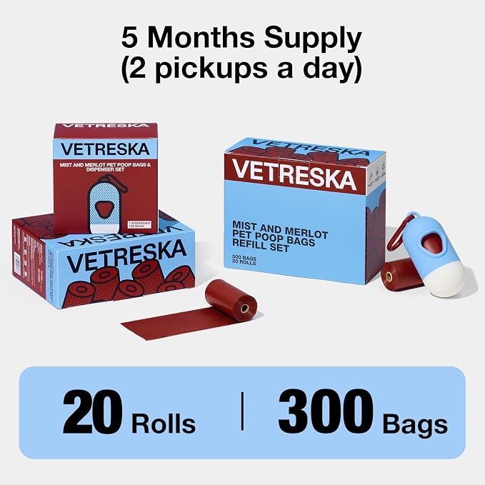 VETRESKA Dog Poop Bags, 300 Counts, Leak Proof, Extra Thick and Large | Pet Waste Bags for Dog Walking and Cat Litter, Rose & Amberwood Scented